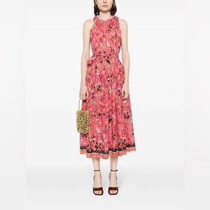 Ulla Johnson Pink Floral Tie-Waist Midi Dress